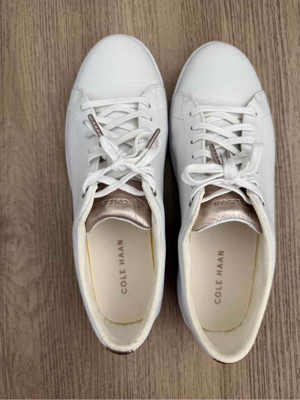 Cole Haan White Leather Sneakers with Rose Gold Heel Tab